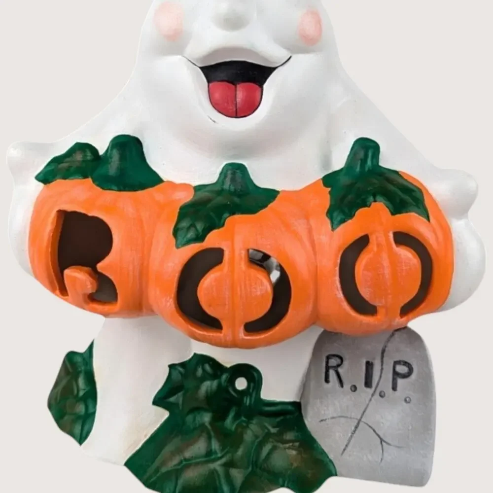 Vintage Light Up Ceramic Ghost Holding Boo Pumpkins Halloween Figurine